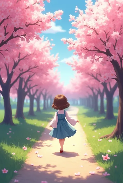 A straight path way in the middle and a girl walking and cherry blossom trees on the side of the path 