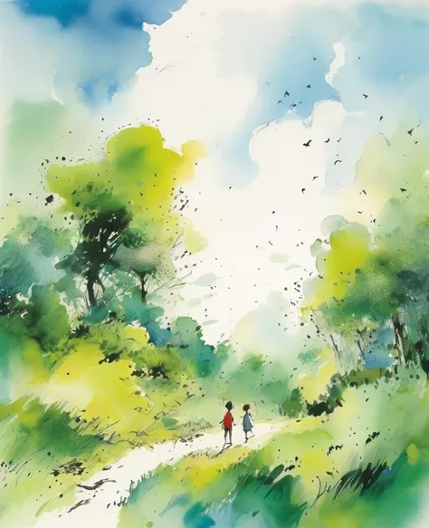 Quentin Blake style photo 、A morning when the sky was so blue that the white clouds disappeared、Portraiture、High resolution、The green forest shines white、Highest quality、masterpiece、Very detailed