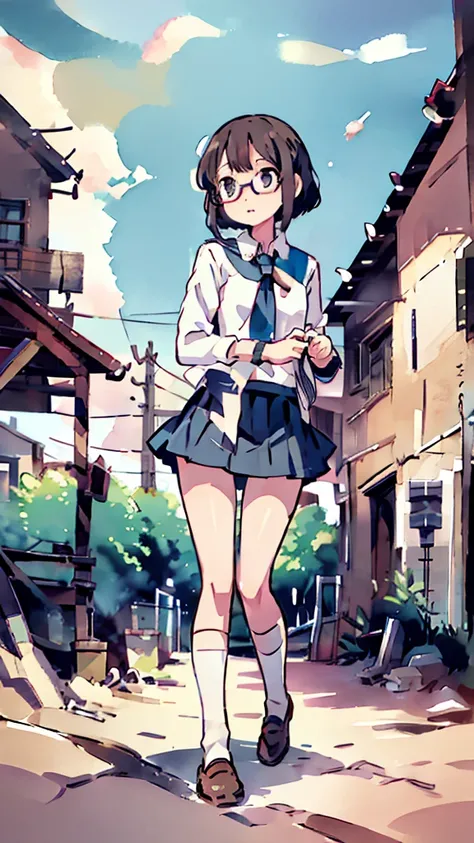 metropolis、water、Midnight、Moon、Blue light、sky、sea、Nsfw、masterpiece, high quality, 4K, HDR,, Stable Diffusion prompt:  schoolgirl with short、brown hair and red-framed glasses, wearing a white blouse and navy skirt, white panties visible, navy socks and brow...