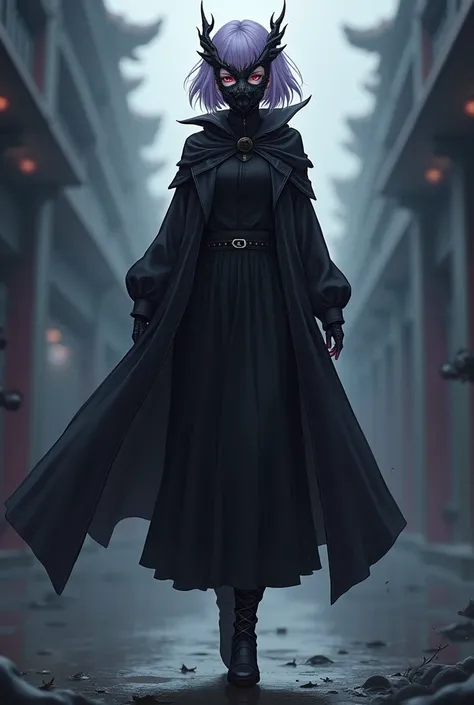 Female, Anime, Short lavender-haired, Faired skin, Black dragon mask fully covering her face, Black jacket, Black longskirt, Black boots