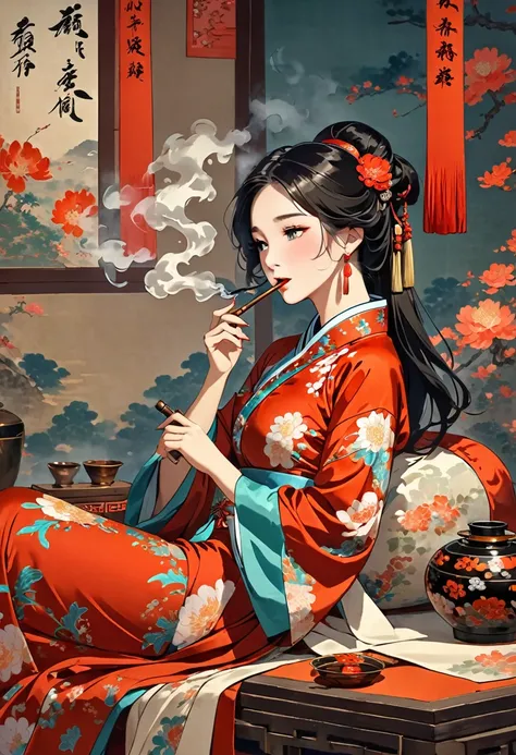 A beautiful woman dressed in a Chinese dress is smoking a pipe.。What she is smoking in her pipe is opium.。The effects of the opium made her intoxicated.、Im fainting。