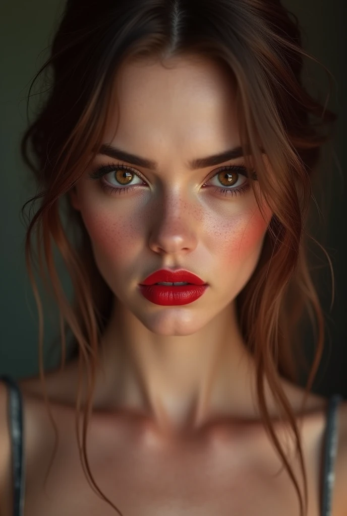 Kassandra, brown eyes, (best quality, ultra-detailed), (realistic:1.37), beautiful and detailed face, ultra-realistic texture, delicate face, delicate body, red lipstick, bright colors. High definition, 8K, well defined legs. angry expression 