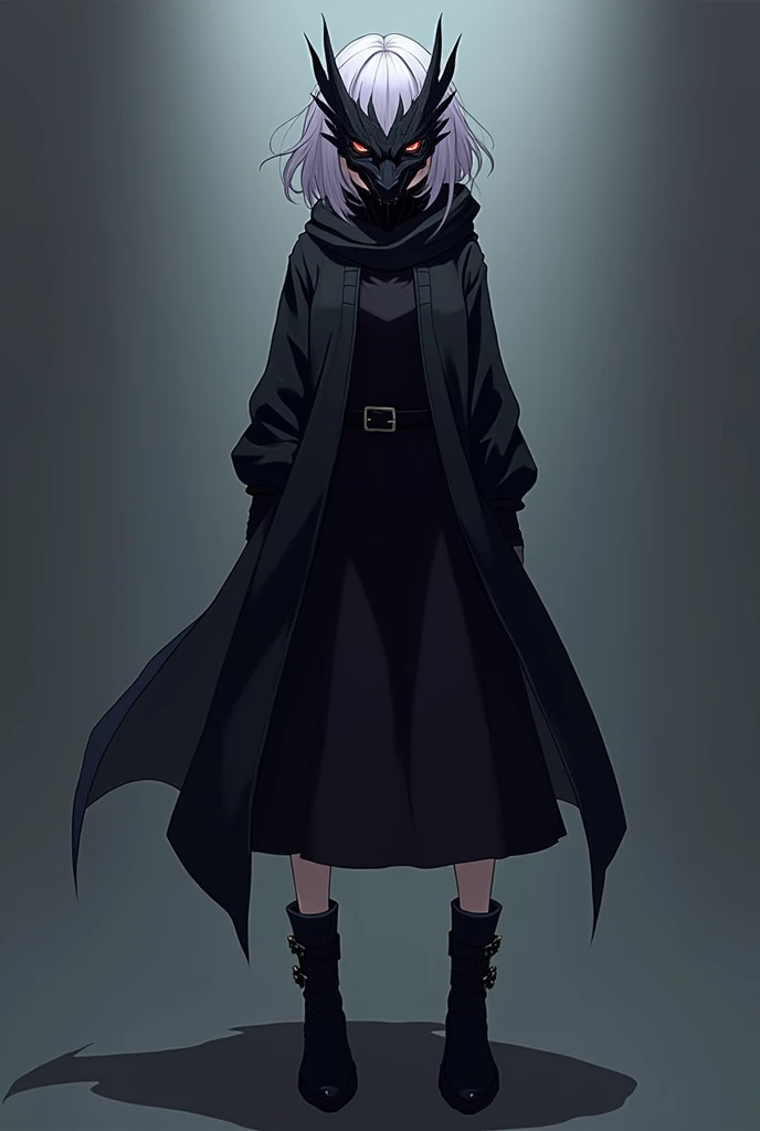 Female, Anime, Short lavender-haired, Faired skin, Black dragon mask fully covering her face, Black jacket, Black longskirt, Black boots