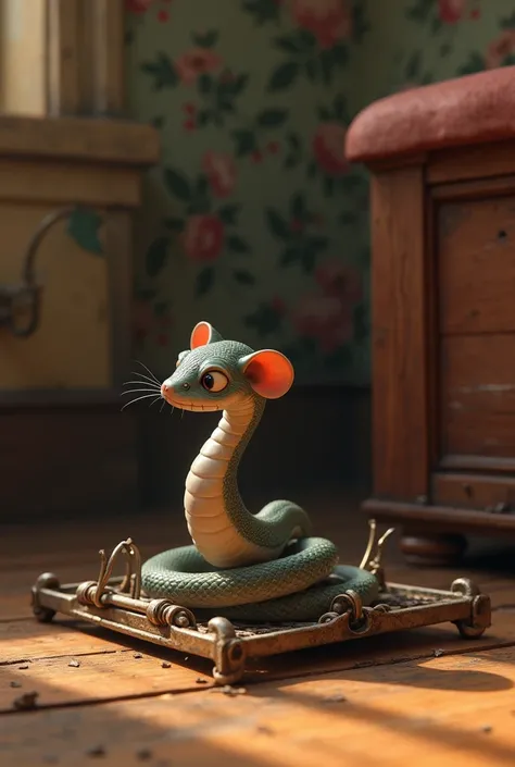 A baby snake getting trapped into a rat trapping mechani, background vintage comfy house 