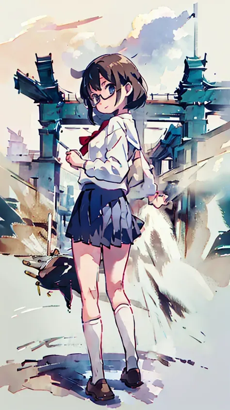 breast enhancement、metropolis、water、Midnight、Moon、Blue light、sky、sea、Nsfw、masterpiece, high quality, 4K, HDR,, Stable Diffusion prompt:  schoolgirl with short、brown hair and red-framed glasses, wearing a white blouse and navy skirt, white panties visible, ...