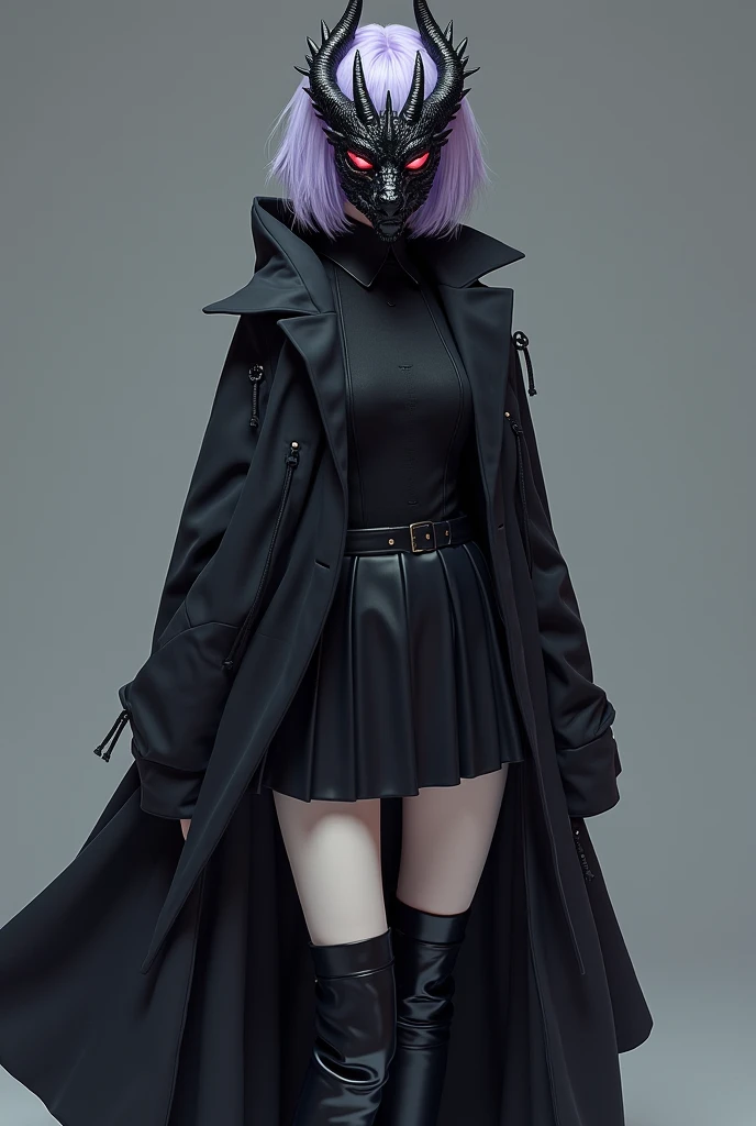 Female, Anime, Short lavender-haired, Faired skin, Black dragon mask fully covering her face, Black jacket, Black longskirt, Black boots