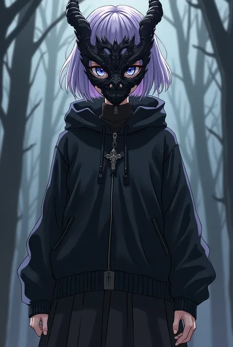 Female, Anime, Short lavender-haired, Faired skin, Black dragon mask fully covering her face, Black jacket, Black longskirt, Black boots