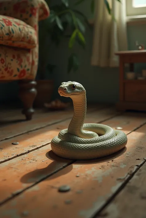 A baby snake getting trapped, background vintage comfy house 