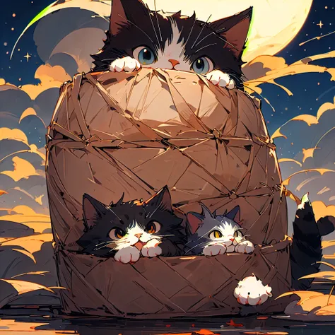 Night Background,One illustrated cat, (masterpiece, Highest quality:1.4)