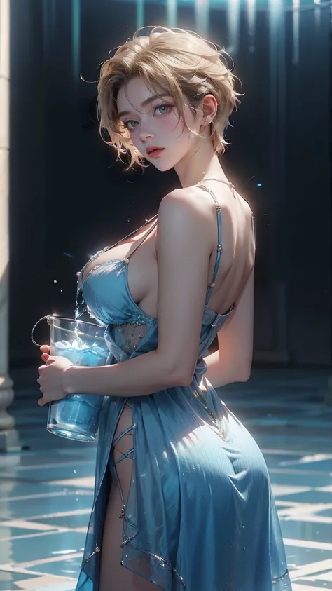 a male, big butt, big tits, filler-lips , extremely short blonde male style hair, wear a sexy blue dress, holding a bucket of water, front view, Close the center of the image..., light particles, Attention to details, Grandeur and awe, cinema, A stunning v...