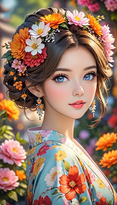 an image of the beautiful woman with the floral hairstyle in the background, 1girl, solo, flower, hair ornament, hair flower, looking at viewer, blurry background, blurry, parted lips, jewelry,HoloDayo XL