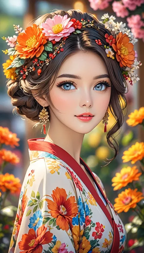 an image of the beautiful woman with the floral hairstyle in the background, 1girl, solo, flower, hair ornament, hair flower, looking at viewer, blurry background, blurry, parted lips, jewelry,HoloDayo XL