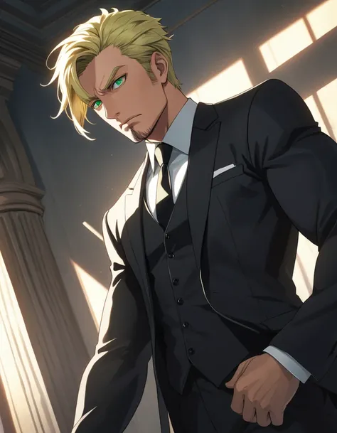 1man, man in black, vigorous mature, business hair with asymmetrical bangs, goatee, green platina blond hair, emerald eyes, BREAK 40yo, charming caucasian, slightly long chiseled face, deep set, angular jaw, facial wrinkles, crewcut, BREAK ideal ratio body...