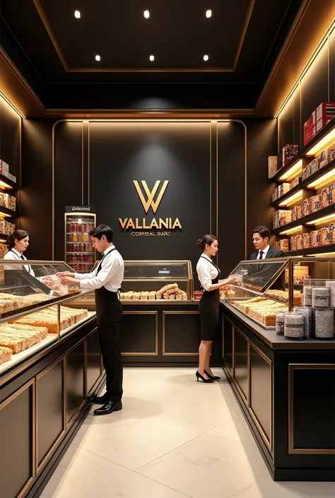 Create people working in a black and gold store of Vallania brand cereal bars