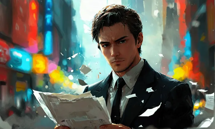 a man in a suit with several papers in his hand, man in a suit, papers in his hand,manga style art,manga style art