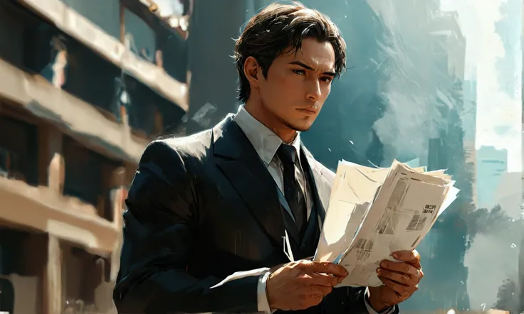 a man in a suit with several papers in his hand, man in a suit, papers in his hand,manga style art,manga style art