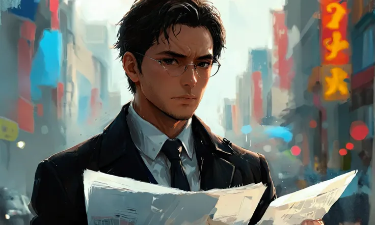 a man in a suit with several papers in his hand, man in a suit, papers in his hand,manga style art,manga style art