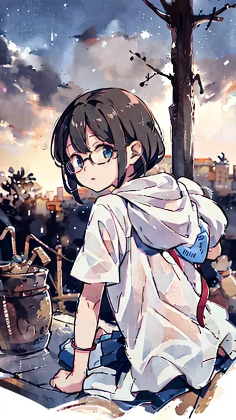 metropolis、water、Midnight、Moon、Blue light、sky、sea、Nsfw、masterpiece, high quality, 4K, HDR,, Stable Diffusion prompt:  schoolgirl with short、brown hair and red-framed glasses, wearing a white blouse and navy skirt, white panties visible, navy socks and brow...