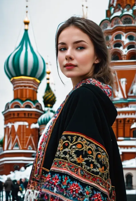 russian girl beautiful in moscow in front of st. basil&#39;s cathedral.