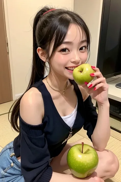 1 girl, very cute, japanese idol, young skinny, pony tail, happy smile, sitting, licking 1 banana and 1 apple,