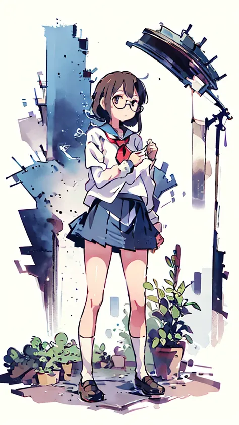 metropolis、water、Midnight、Moon、Blue light、sky、sea、Nsfw、masterpiece, high quality, 4K, HDR,, Stable Diffusion prompt:  schoolgirl with short、brown hair and red-framed glasses, wearing a white blouse and navy skirt, white panties visible, navy socks and brow...