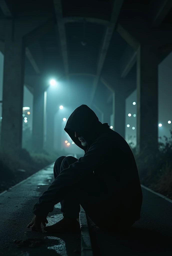 Give me 9 by 16 aspect ratio images with this prompt for my YouTube video. 

"A dark, shadowy urban setting under a bridge in Oshodi-Isolo, Lagos, with a homeless man sitting in the shadows. The man is shrouded in mystery, his face partially hidden by the ...