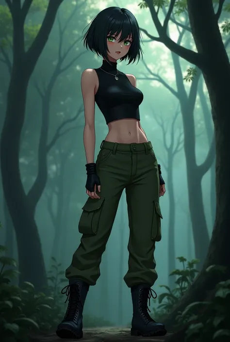 Anime girl, short black hair, jellyfish hair-cut, olive-green eyes, black tight fitting crop-top, olive-green parachute pants, black combat boots, dark forest background 