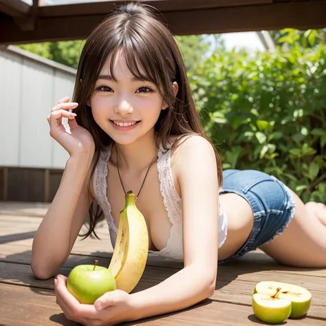 1 girl, very cute, japanese idol, young skinny, happy smile, face down, hold a banana and apple,
