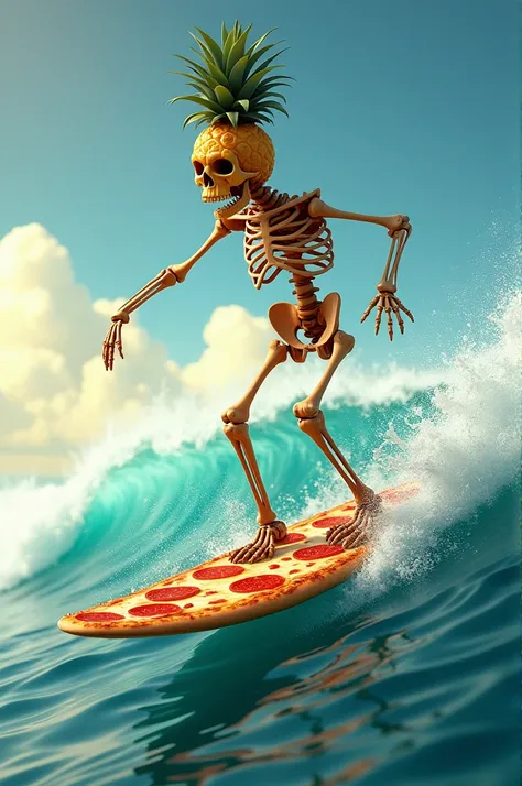 Skeleton with pineapple head surfing pizza surfboard