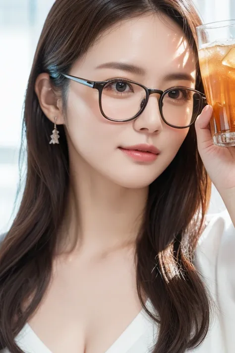 highest quality、masterpiece、high sensitivity、high resolution、detailed description、slender women、glasses、bottled water、water spil...