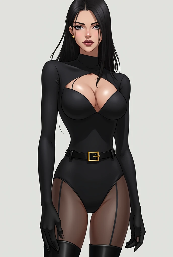 Tall women, leotard black, long low hair, mature women, serious face, beautiful body, big butt, big breast, full body, anime style, body suit, legwear, arm wear, straight hair, fringe, covered chest, full body, boots black, belt fabric, sleeveless, no chan...