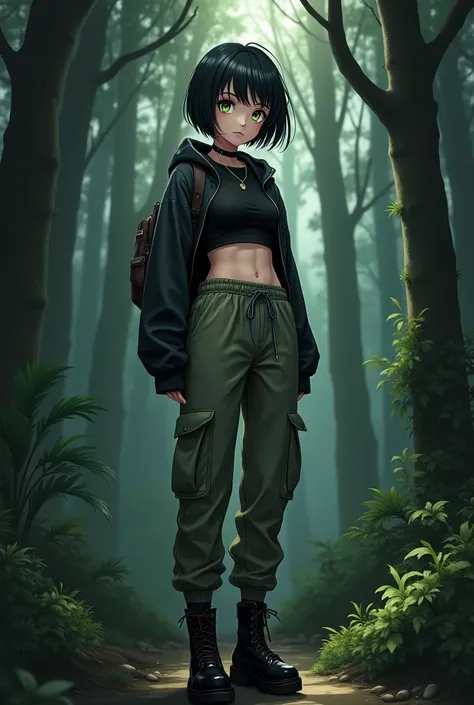 Anime girl, short black hair, jellyfish hair-cut, olive-green eyes, black tight fitting crop-top, olive-green parachute pants, black combat boots, dark forest background 