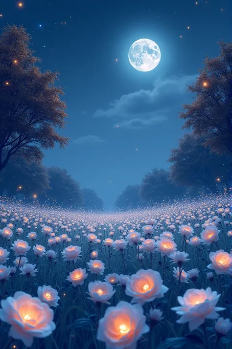 A beautiful landscape during the night with the full moon and several stars in a field with several blooming white and blue roses has trees with autumn leaves and Fireflies flying over the flower field