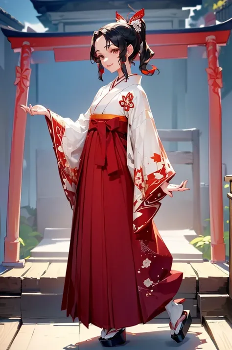 (((beautiful))), (((kimono, Hakama, noon, shrine, tall, full body))), ((Black Hair, parted bangs, forehead, ponytail, hair ornaments, slim)), One Woman, Thin legs, Glowing Skin, (((Intricate details))), High resolution, ((Intricate details, Ultra-detailed)...