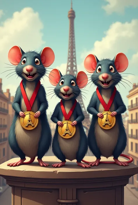 3 rats on top of the platform with Eiffel Tower medals 
 
