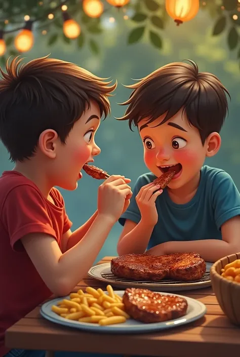 two boys eat barbecue together