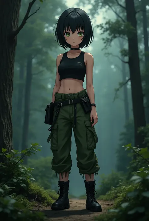 Anime girl, short black hair, small mullet, olive-green eyes, black tight fitting crop-top, olive-green parachute pants, black combat boots, dark forest background 