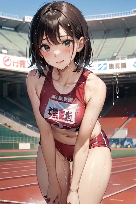 NSFW、very cute and beautiful girl,Very thin body、Model body type、(Highly detailed beautiful face), (((全身にSweatをかく))),(((Sweat)))、(((Sweat臭い)))、(((Body odor)))、blush,((Black Hair、short hair、Pink highlights on the inside)),((Gal、Medium chest)),((Track and fi...