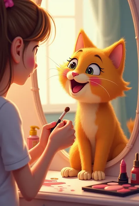 Now cat turns back to home and her owner girl give her their makeup from vanity to make cat happy golden cat show girl face also animated made toung girl