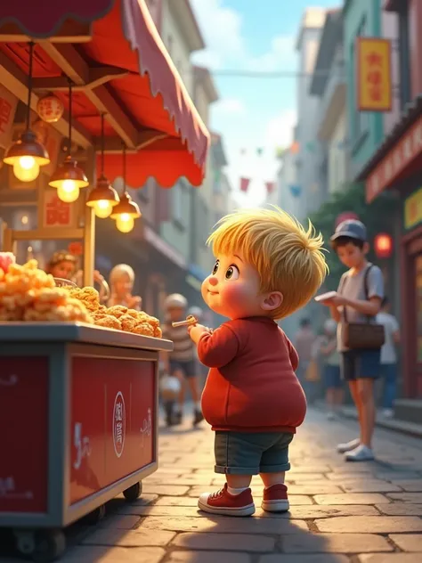 10 year old boy, blonde hair color, chubby and overweight, walking on a street, eyes glowing, looking at a food stall