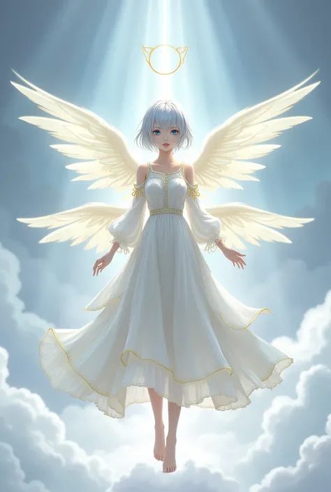 create a female character, Bullish, short silver hair, blue colored eyes, a gentle look, with a white dress with yellow details, s without shoes, 4 pairs of angel wings