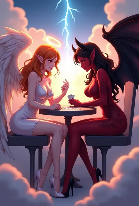 an anime pic angel and w demon playing a poker game of cards, a female angel wearing tight sexy dress, (white stockings: 1.3), high heels, dynamic color dress, pale skin, best details beautiful face ,dynamic hair color, busty, small cleavage, glowing halo,...