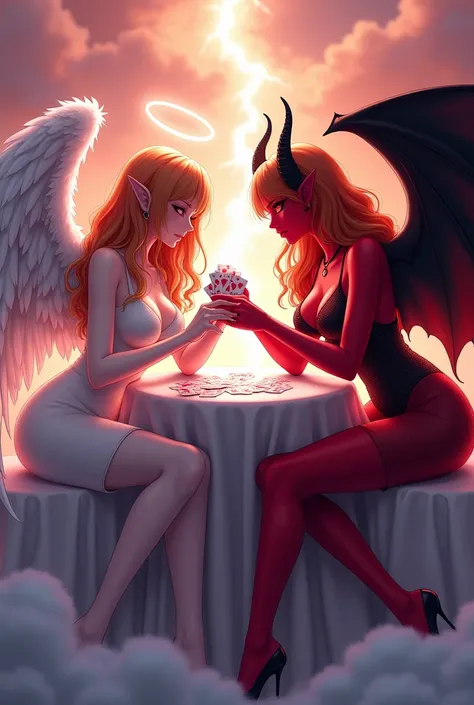 an anime pic angel and w demon playing a poker game of cards, a female angel wearing tight sexy dress, (white stockings: 1.3), high heels, dynamic color dress, pale skin, best details beautiful face ,dynamic hair color, busty, small cleavage, glowing halo,...