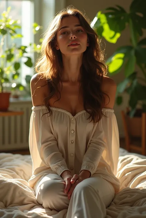 (photorealism:1.2), beautiful woman, sitting on bed, wearing loose off-shoulder top, pajama pants, long curly hair, indoors, soft lighting, plants in background, window with sunlight, cozy room, relaxed pose, realistic, intricate details, warm colors, by G...