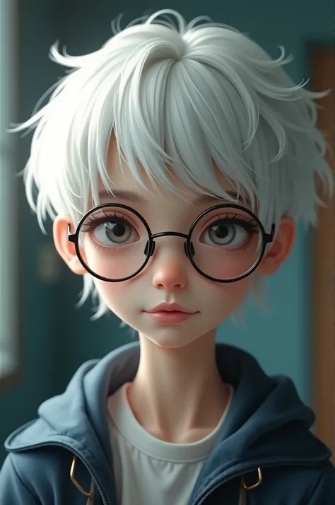 High school student with short white hair、Wearing round glasses