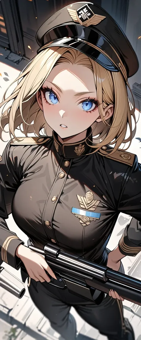 Bobcut　Blonde　forehead　soldier　Nazis　uniform　Officer　陸軍Officer　Black costume　Army Costume　Army Caps　Long sleeve　Long trousers　From above　((Loose-fitting clothing))　Holding a gun　Holding a sniper rifle　((Upper Body))　Big eyes　Blue eyes　Highest quality　Super...