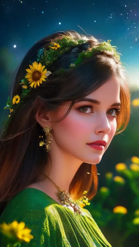 a beautiful girl in a lush garden, surrounded by colorful flowers, gazing up at a starry night sky, (best quality,4k,8k,highres,masterpiece:1.2),ultra-detailed,(realistic,photorealistic,photo-realistic:1.37),extremely detailed eyes and face,longeyelashes,d...