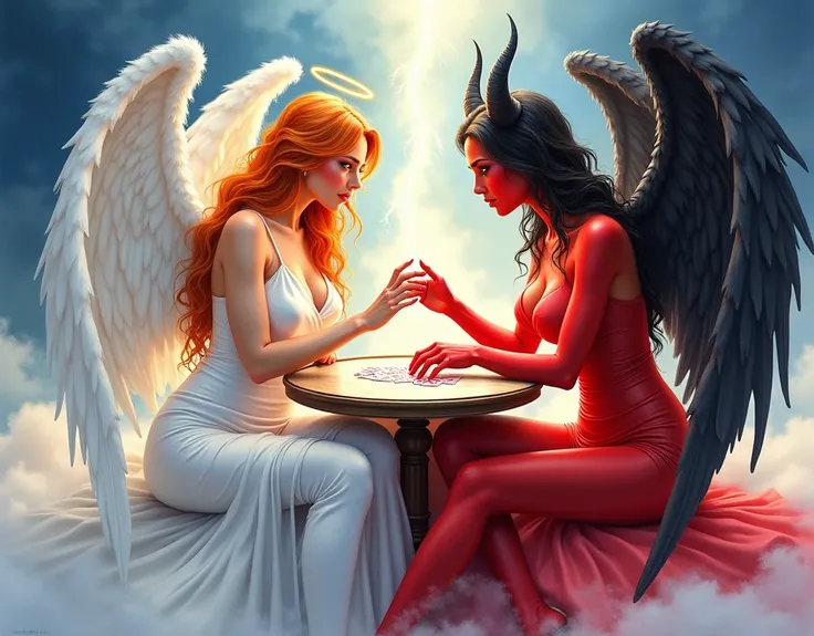 an epic watercolor painting, watercolor masterpiece art angel and w demon playing a poker game of cards, a female angel wearing tight sexy dress, (white stockings: 1.3), high heels, dynamic color dress, pale skin, best details beautiful face ,dynamic hair ...