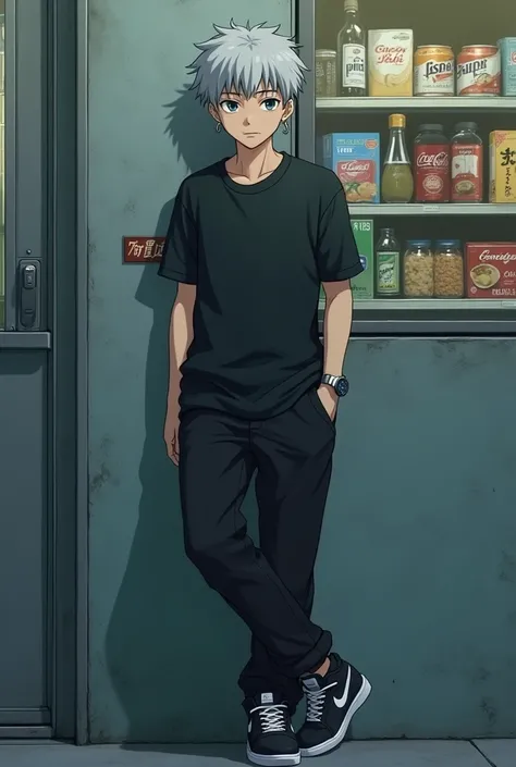 a 16 year old boy,in anime seinen style.
His appearance is Gray Hair, grayish blue eyes and light beige skin color.

wearing a black t-shirt, Black Pants and Black Nike Sneakers.

He&#39;s wearing small hoops in his ears, wearing a small silver watch on hi...