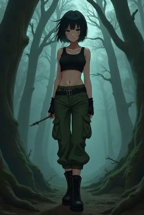 Anime girl, short black hair, small mullet, olive-green eyes, black tight fitting crop-top, olive-green parachute pants, black combat boots, dark forest background 